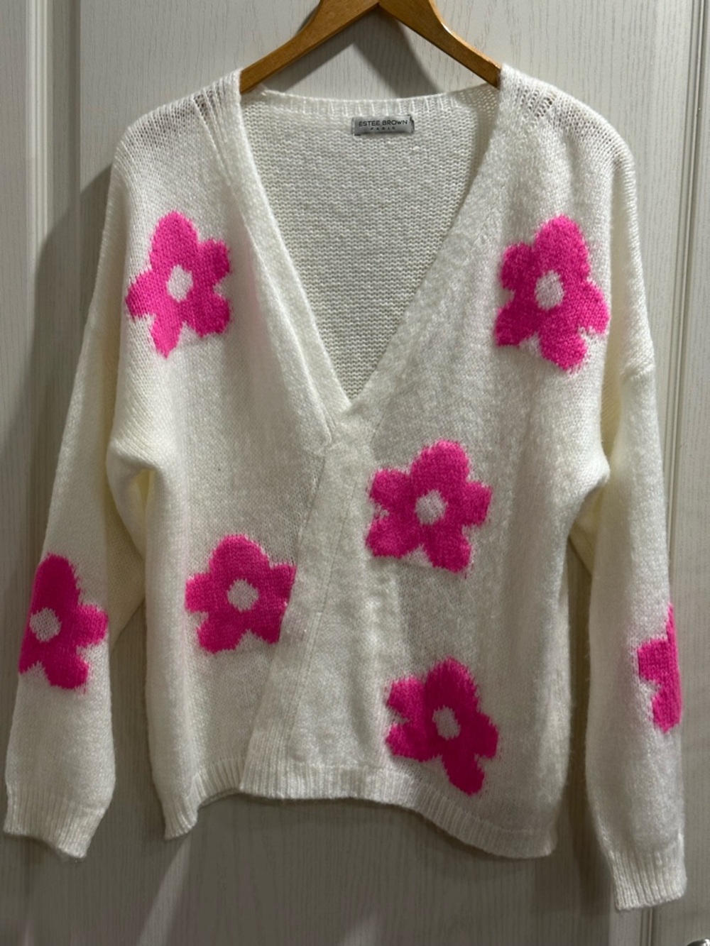 Coquette Cozy Knit VNeck with pink flowers - 22”ptp